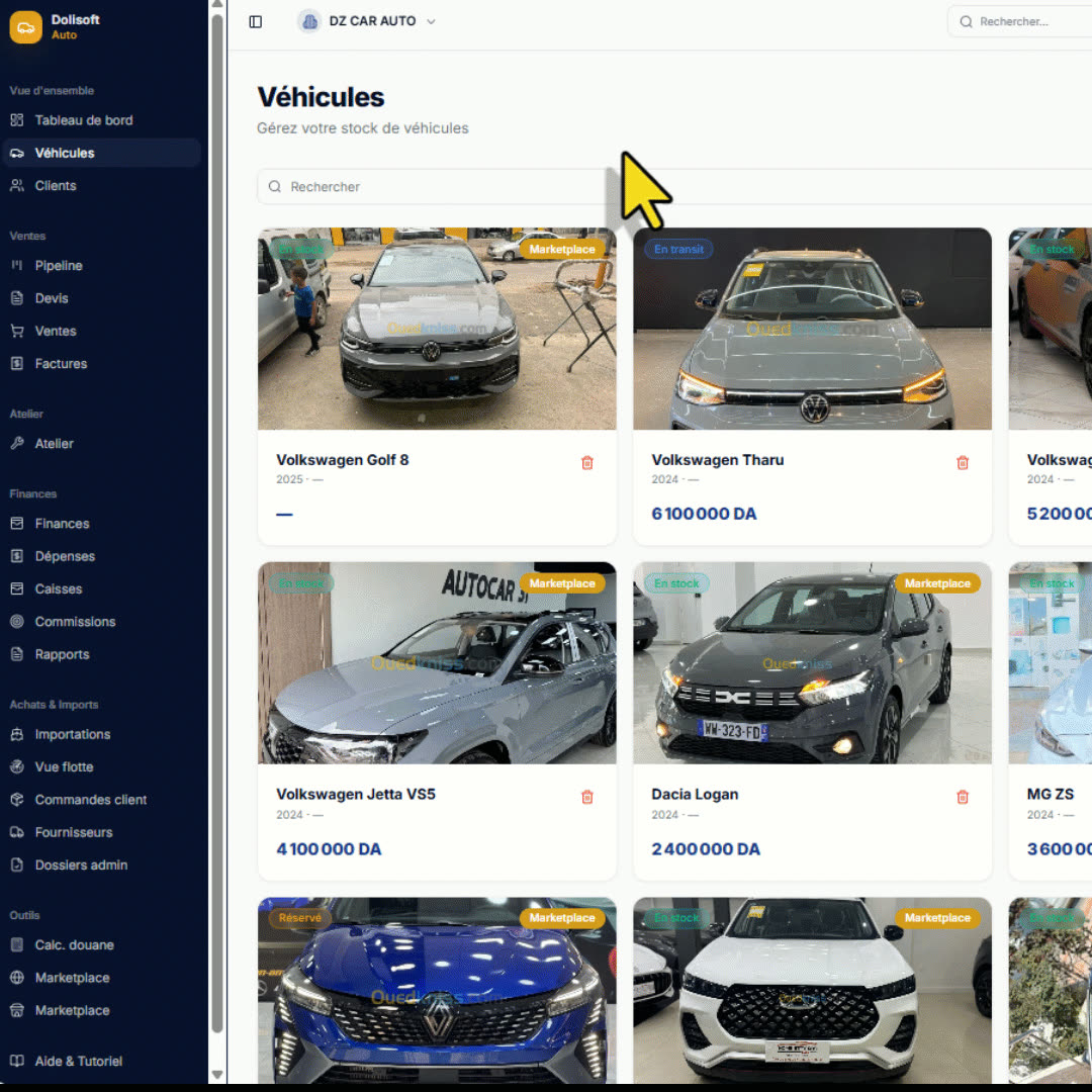 Tableau de bord — vue d'ensemble du showroom